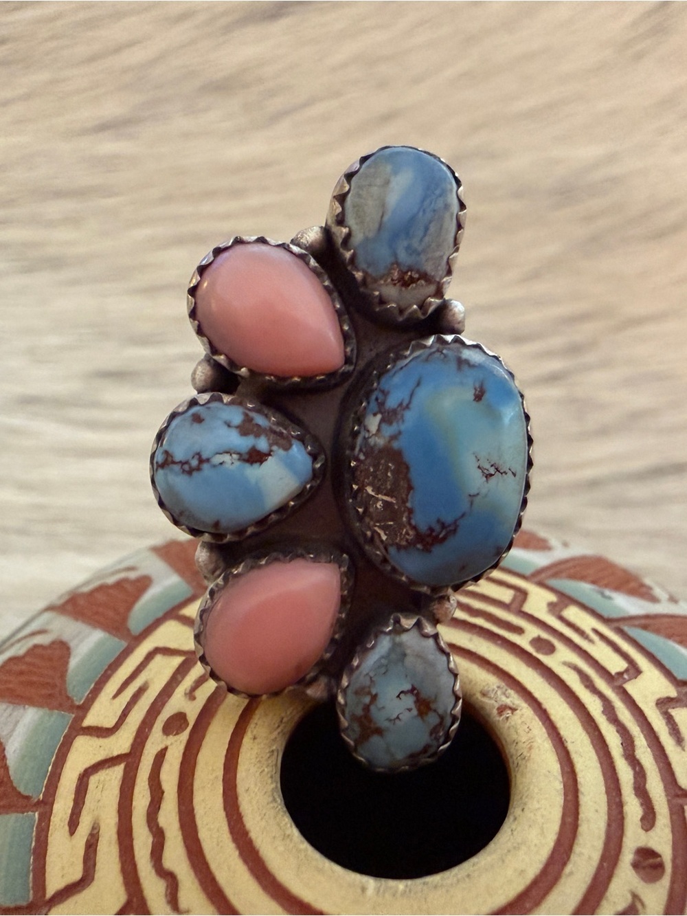 ❤️ Pink Conch & Golden Hills Turquoise Half Cluster Adj Sterling Statement Ring